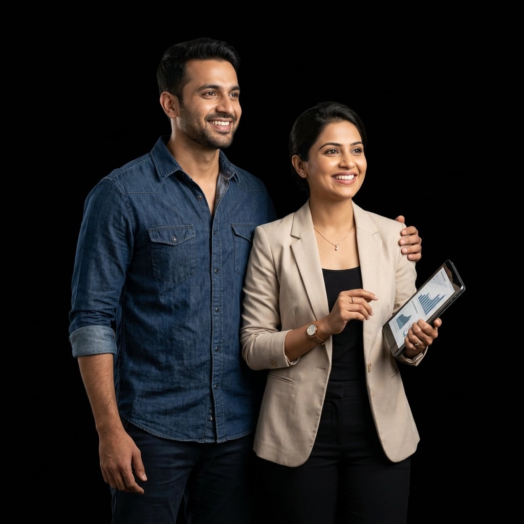 Confident young Indian entrepreneur couple growing business